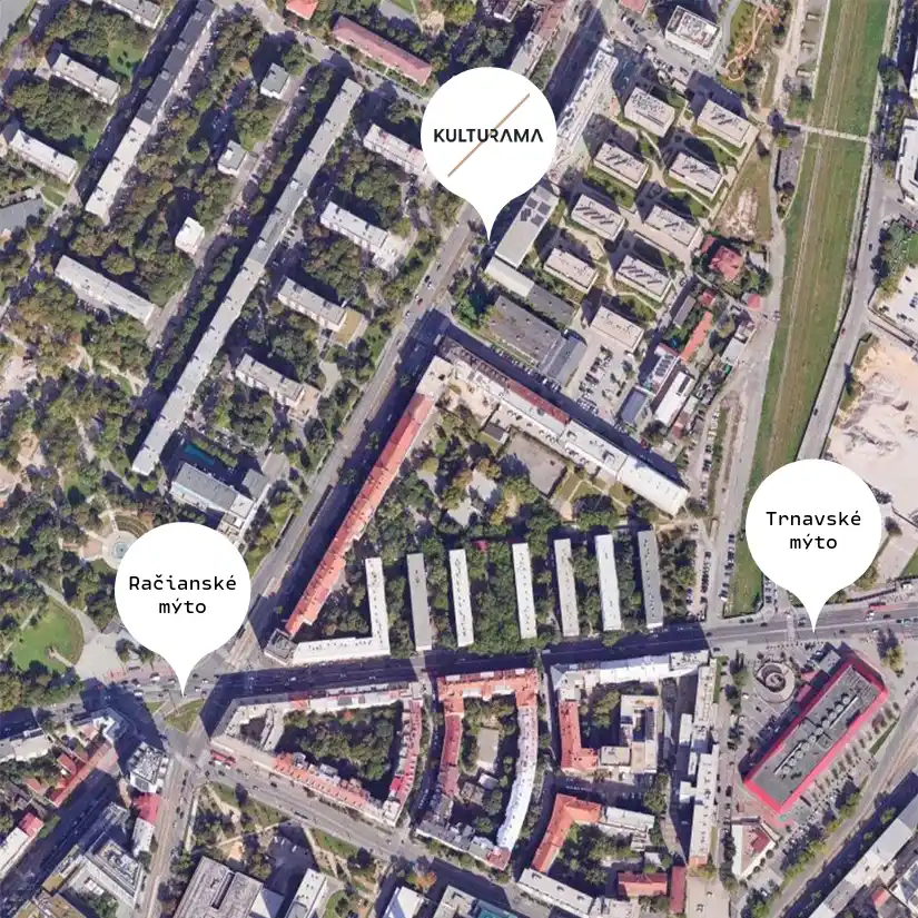 Mapa zobrazujúca polohu eventoveho priestoru KULTURAMA v blízkosti Račianského a Trnavského mýta